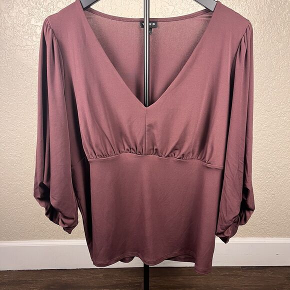 Torrid Studio Knit V-Neck Top Plus Size 1 Sassafras Quarter Sleeve Shirred - Picture 1 of 12